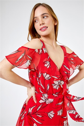 Red Petite Floral Print Cold Shoulder Midi Dress, Image 4 of 4
