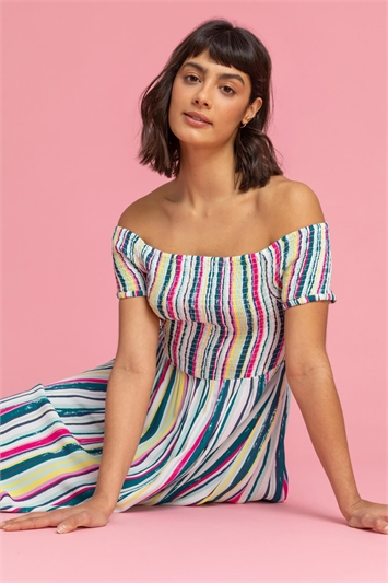 Multi Shirred Stripe Print Bardot Dress, Image 5 of 5