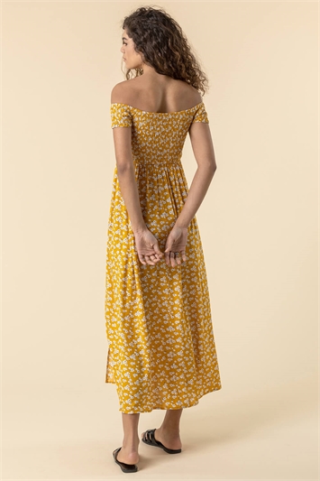 Amber Shirred Floral Print Bardot Dress, Image 2 of 5