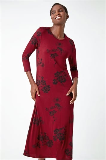 Red Floral Pocket Detail Midi Stretch Dress