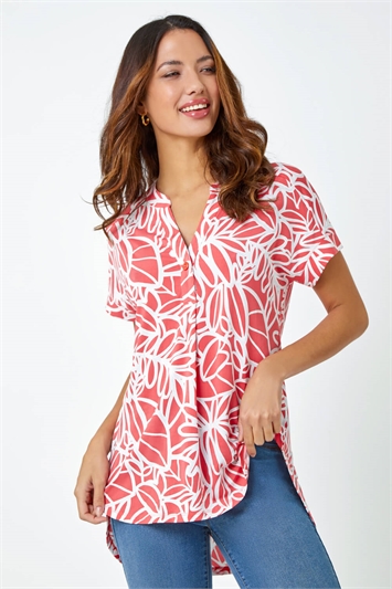 Pink Linear Floral Print V-Neck Pleat Front Top