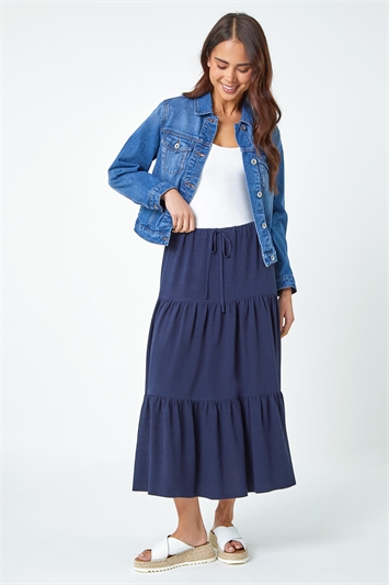 Blue Petite Plain Tiered Stretch Midi Skirt