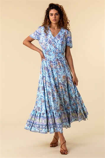 Blue Floral Print Shirred Waist Maxi Dress, Image 3 of 5