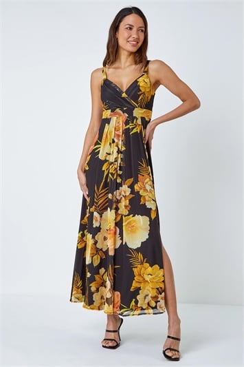 Yellow Floral Print Stretch Maxi Dress