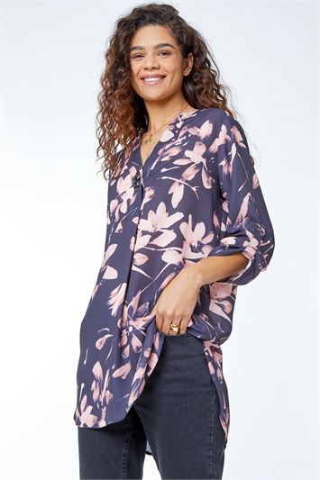 Light Pink Longline Floral Print Tunic Top, Image 2 of 5