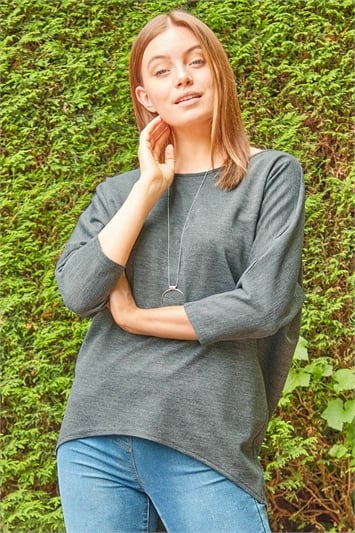 Grey Necklace Detail Batwing Slouch Lounge Top