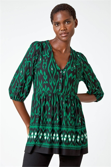 Green Aztec Stretch Tunic Smock Top