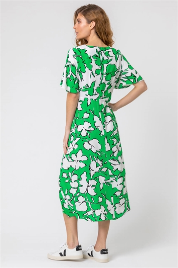 Green Contrast Floral Tie Detail Midi Dress, Image 2 of 5