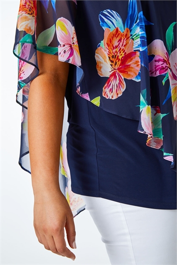 Navy Curve Floral Chiffon Overlay Top , Image 5 of 5