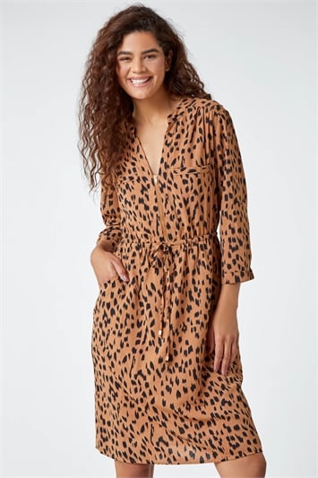 Cream Leopard Print Zip Detail Shirt Dress