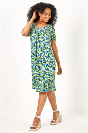 Blue Petite Ditsy Floral Print Jersey Tunic Dress, Image 2 of 5