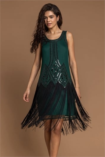 Forest Sequin Fringe Hem Flapper Dress, Image 1 of 5