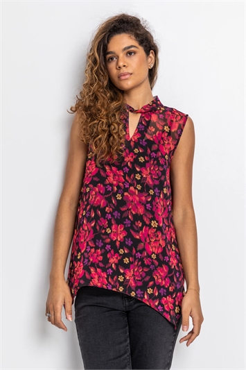 Red Floral Print Keyhole Top