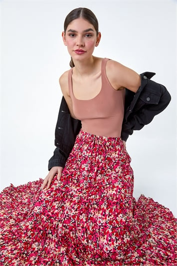 Pink Floral Crinkle Cotton Tiered Maxi Skirt