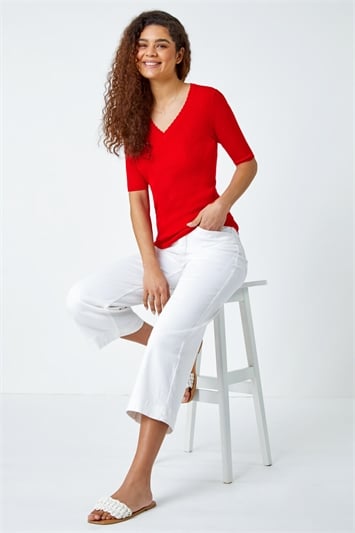 Red Scallop Edge Ribbed Stretch Knit Top