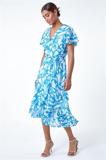 Blue Butterfly Print Chiffon Wrap Dress