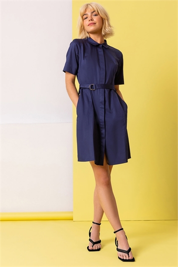 Navy Cotton Belted Shirt Dress, Image 1 of 4