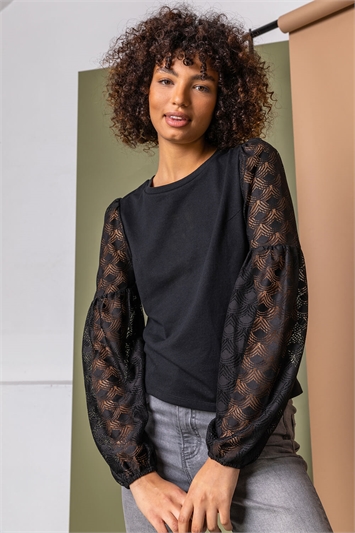 Black Contrast Lace Puffed Sleeve Top, Image 1 of 5