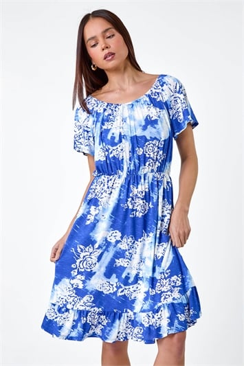 Blue Petite Abstract Floral Stretch Frill Dress