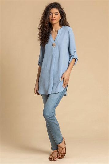 Light Blue Longline Button Detail Tunic Top, Image 3 of 4