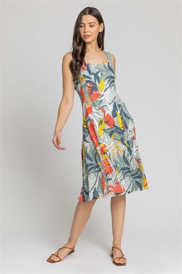 Khaki Tropical Print Fit And Flare Dress, Image 3 of 4