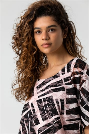 Pink Abstract Print Stretch Jersey Top, Image 4 of 4