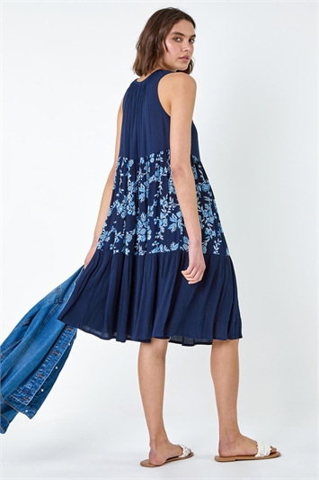 Blue Floral Print Tiered Smock Dress