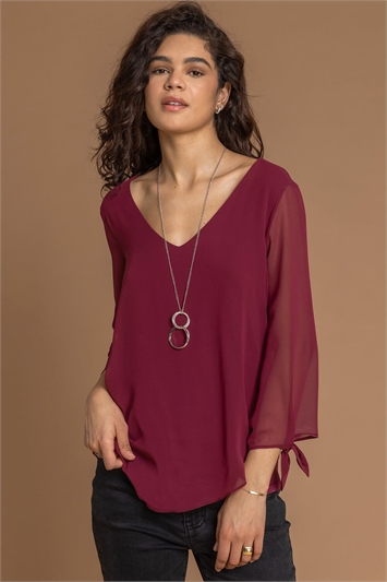 Red Necklace Trim Jersey 3/4 Sleeve Chiffon Top