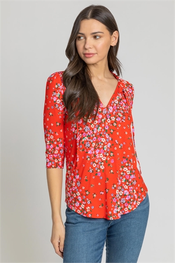 Red Floral Tie Neck Detail Top