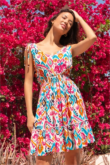Pink Aztec Print Shirred Stretch Dress