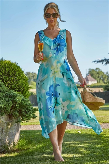 Floral Chiffon Frill Midi Dress