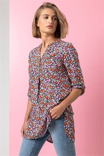 Purple Longline Button Detail Ditsy Floral Top, Image 1 of 4