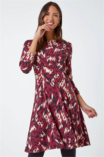 Red Abstract Ruched Stretch Jersey Dress
