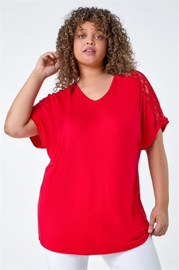 Red Curve Lace Shoulder Stretch Jersey T-Shirt