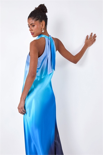 Blue Satin Ombre Halterneck Dress