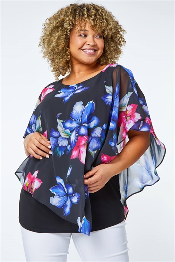 Black Curve Floral Chiffon Overlay Top, Image 1 of 5