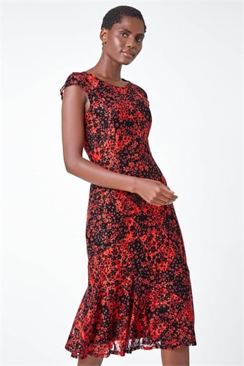 Red Ditsy Floral Stretch Lace Dress