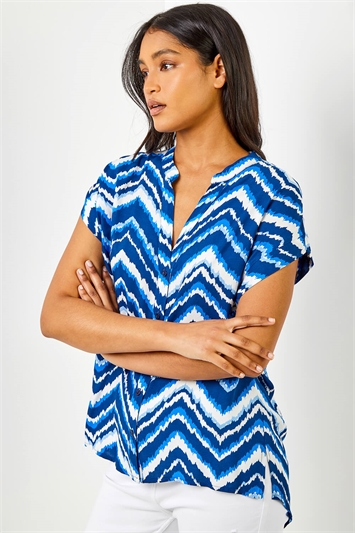 Blue Abstract Zig Zag Print Relaxed Shirt, Image 1 of 4