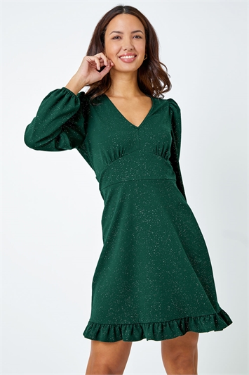 Green Frill Hem Glitter Dress