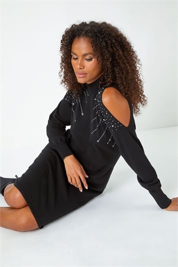 Black Embellished Split Sleeve Jumper Dress