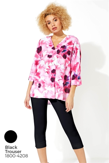Fuchsia Floral Print Oversized Button Top, Image 8 of 8