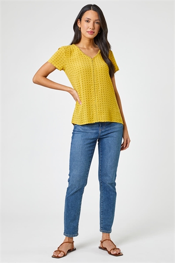 Yellow Ditsy Embroidered Trim Detail Top, Image 3 of 4