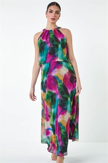 Green Abstract Print Chiffon Overlay Maxi Dress