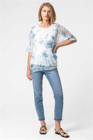 Blue Mesh Overlay Floral Print Top, Image 3 of 4
