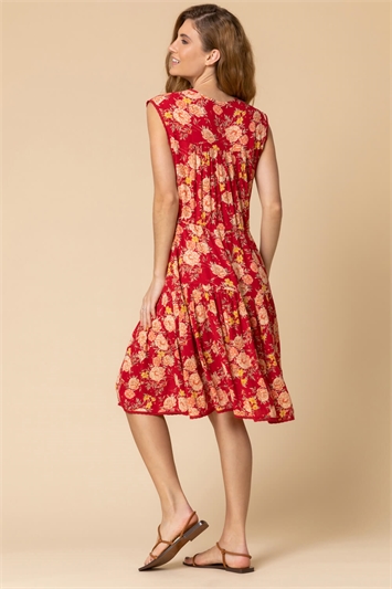 RED Floral Drawstring Tie Detail Dress, Image 2 of 4