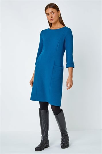 Blue Textured Pocket Cotton Blend Shift Dress