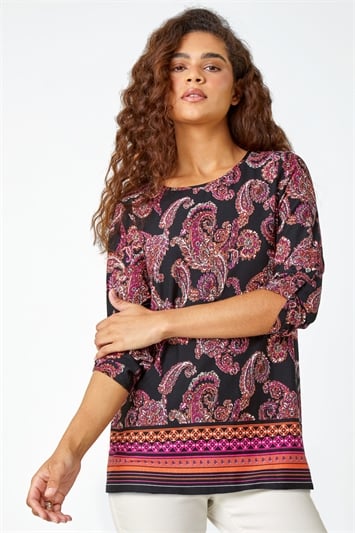 Red Paisley Border Print Tunic Stretch Top