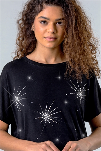Black Sparkle Star Embellished Top