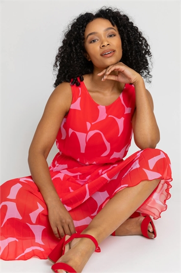 Red Petite Abstract Print Pleated Midi Dress, Image 5 of 5