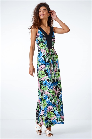Lime Floral Contrast Band Maxi Dress